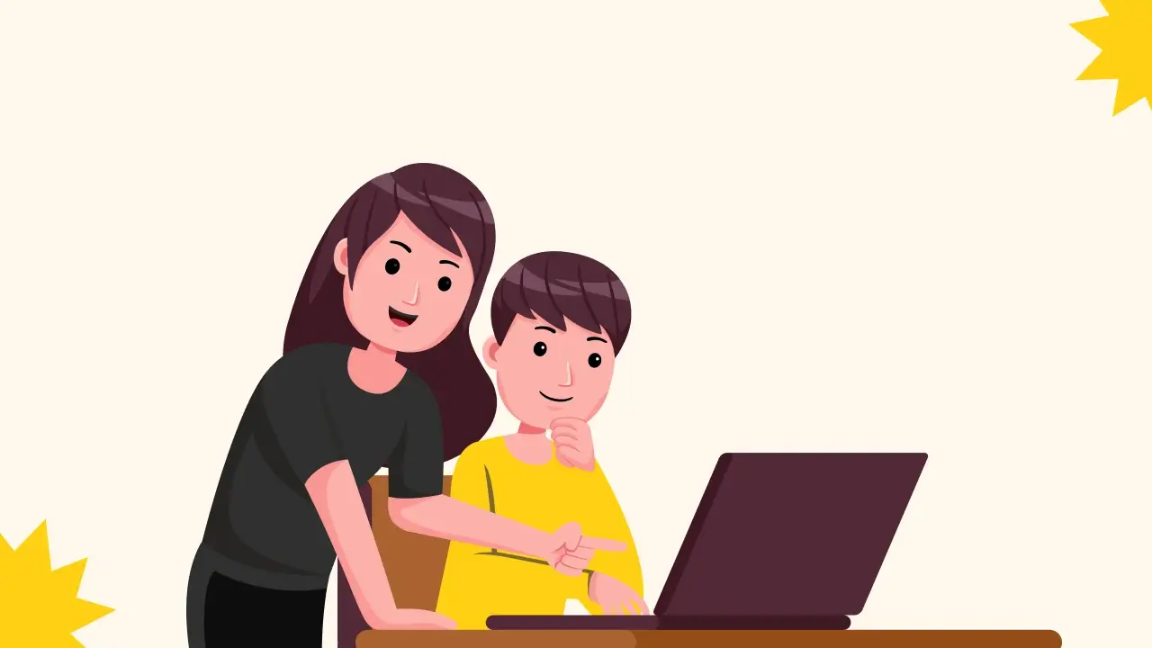 parents with computers and kids cartoon illustration